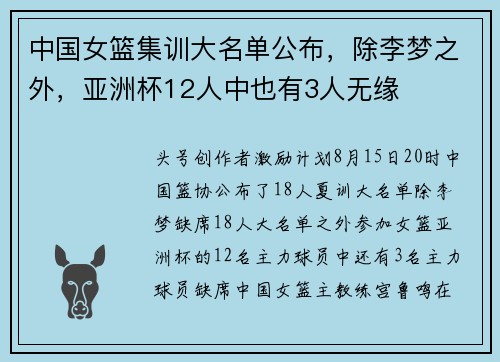 中国女篮集训大名单公布，除李梦之外，亚洲杯12人中也有3人无缘